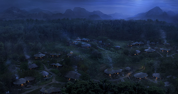 moon light shine on a hidding village matte painting 