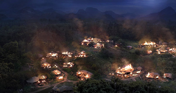 A village in mountain burning visual effect
